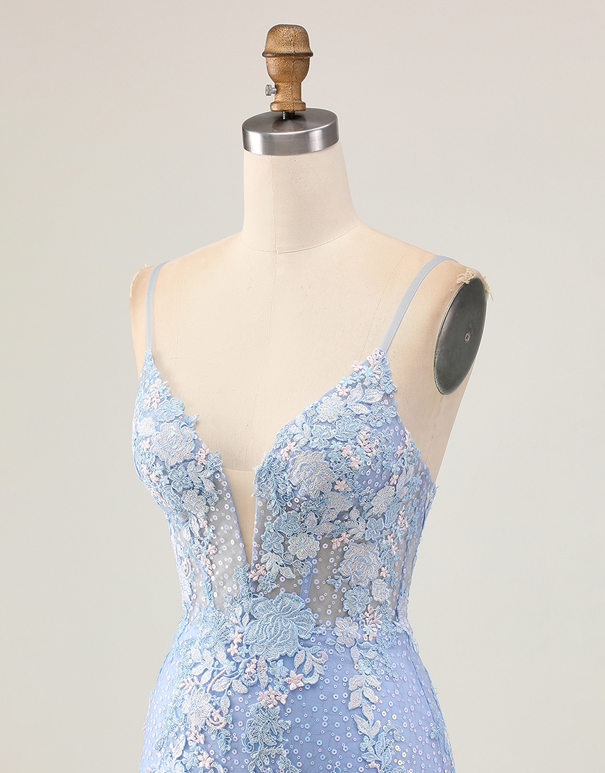 Sparkly Light Blue Floral Tight Short Corset Homecoming Dress with Appliques