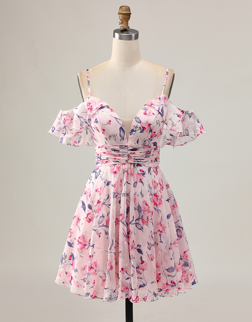 Pink Floral A Line Cold Shoulder Short Homecoming Dress with Ruffles