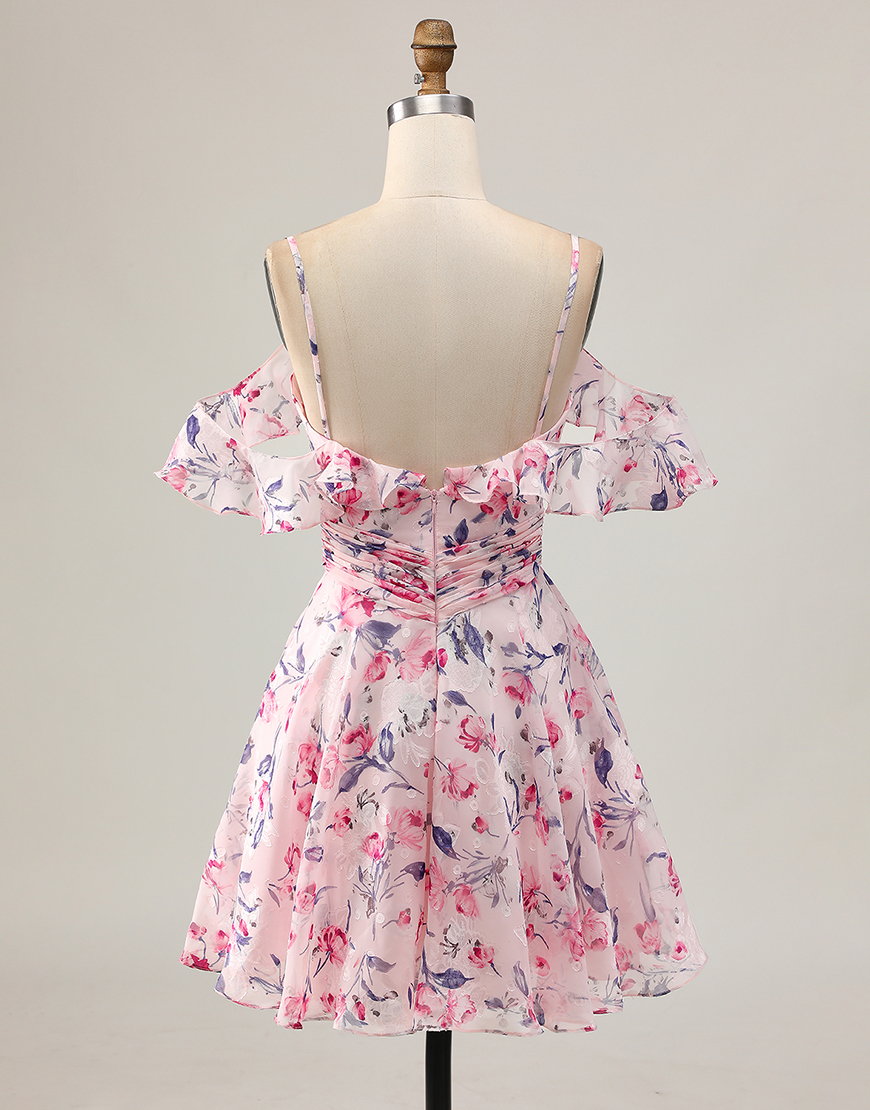 Pink Floral A Line Cold Shoulder Short Homecoming Dress with Ruffles