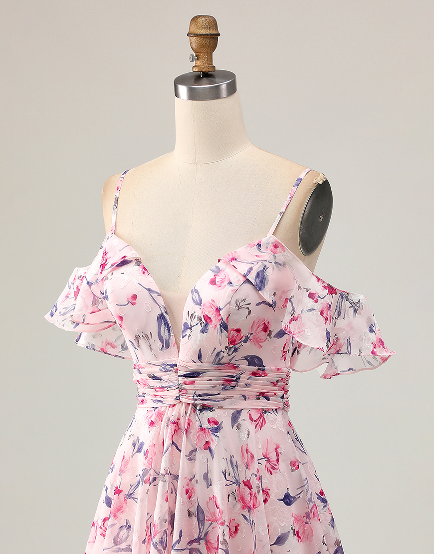 Pink Floral A Line Cold Shoulder Short Homecoming Dress with Ruffles