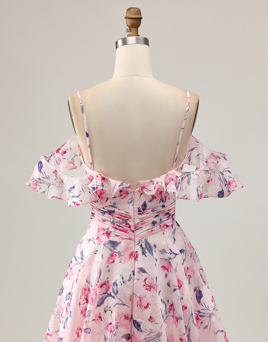 Pink Floral A Line Cold Shoulder Short Homecoming Dress with Ruffles