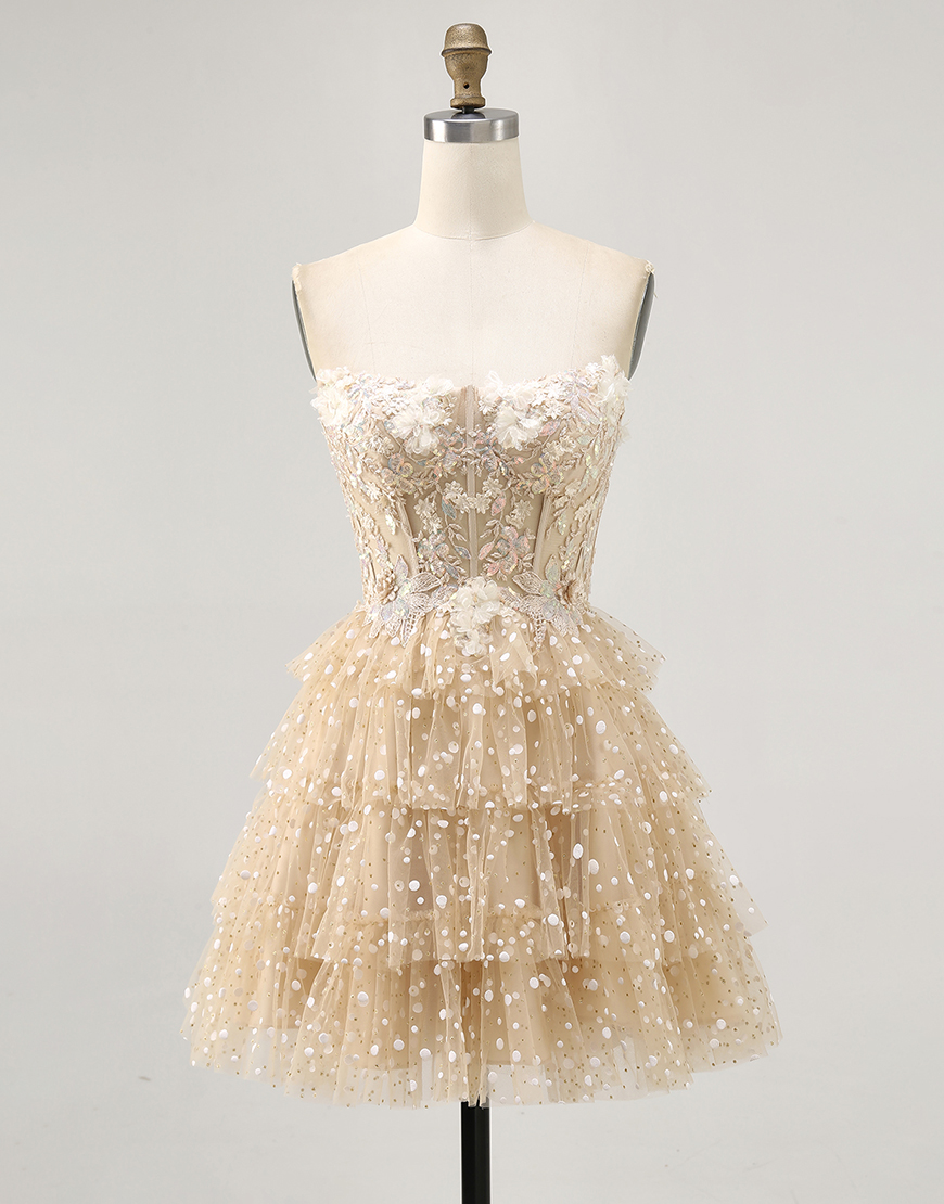 Sparkly Champagne Floral Polka Dots Short Corset Homecoming Dress