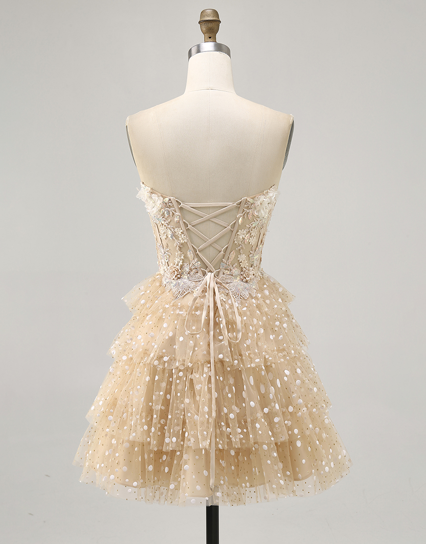 Sparkly Champagne Floral Polka Dots Short Corset Homecoming Dress