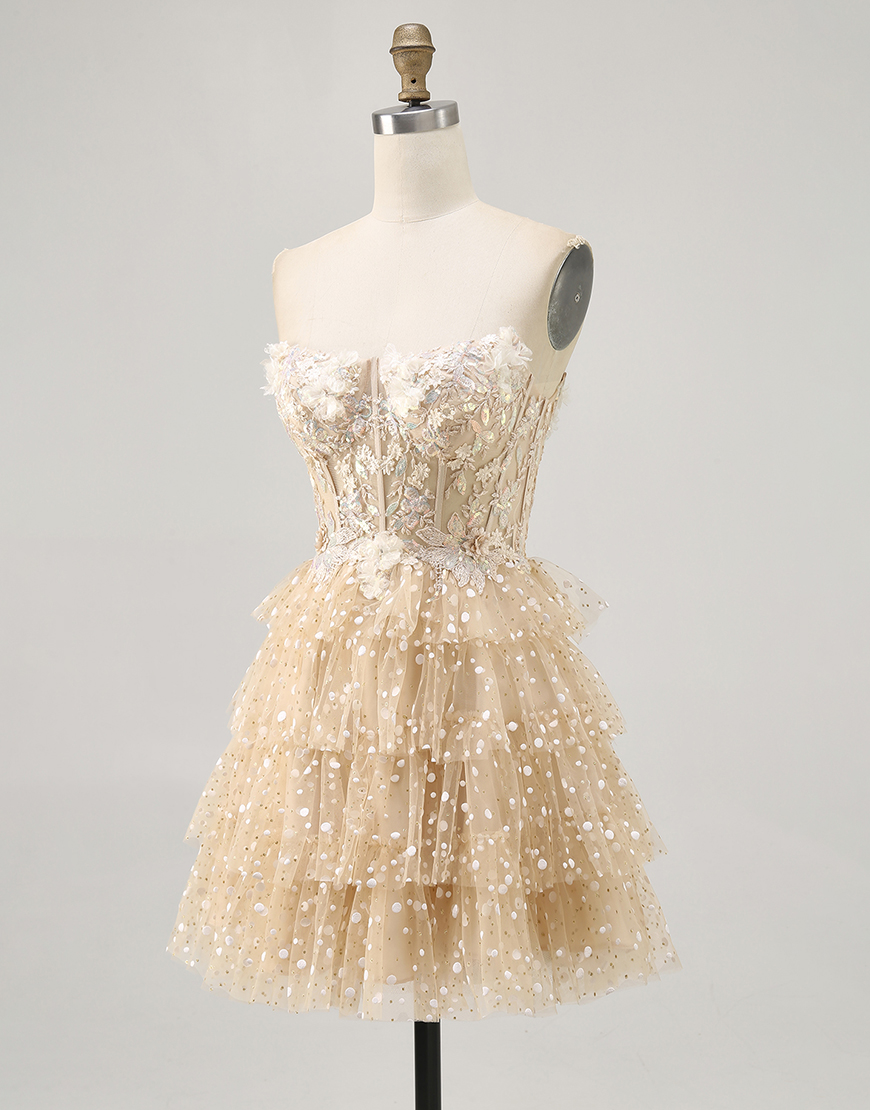 Sparkly Champagne Floral Polka Dots Short Corset Homecoming Dress