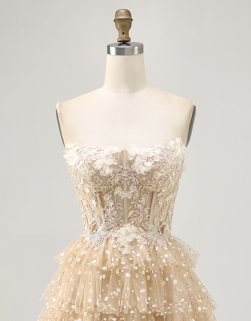 Sparkly Champagne Floral Polka Dots Short Corset Homecoming Dress