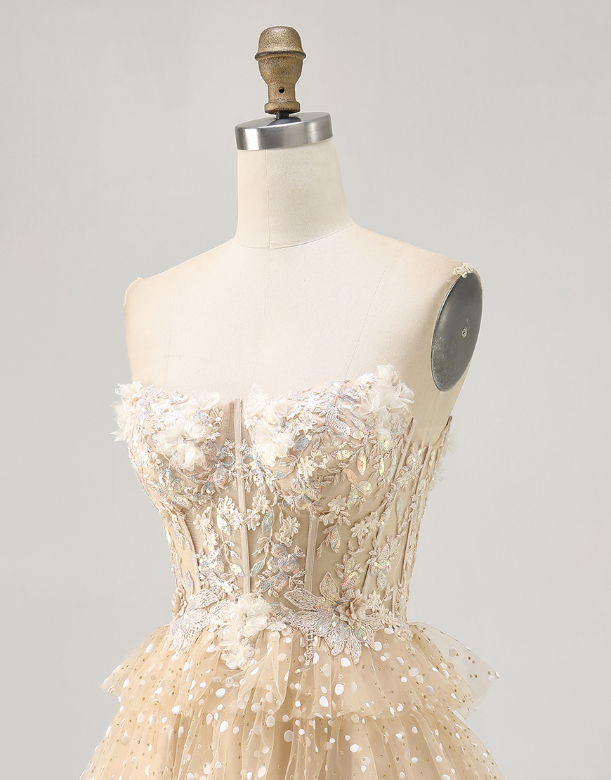Sparkly Champagne Floral Polka Dots Short Corset Homecoming Dress