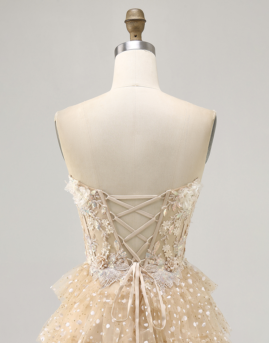 Sparkly Champagne Floral Polka Dots Short Corset Homecoming Dress
