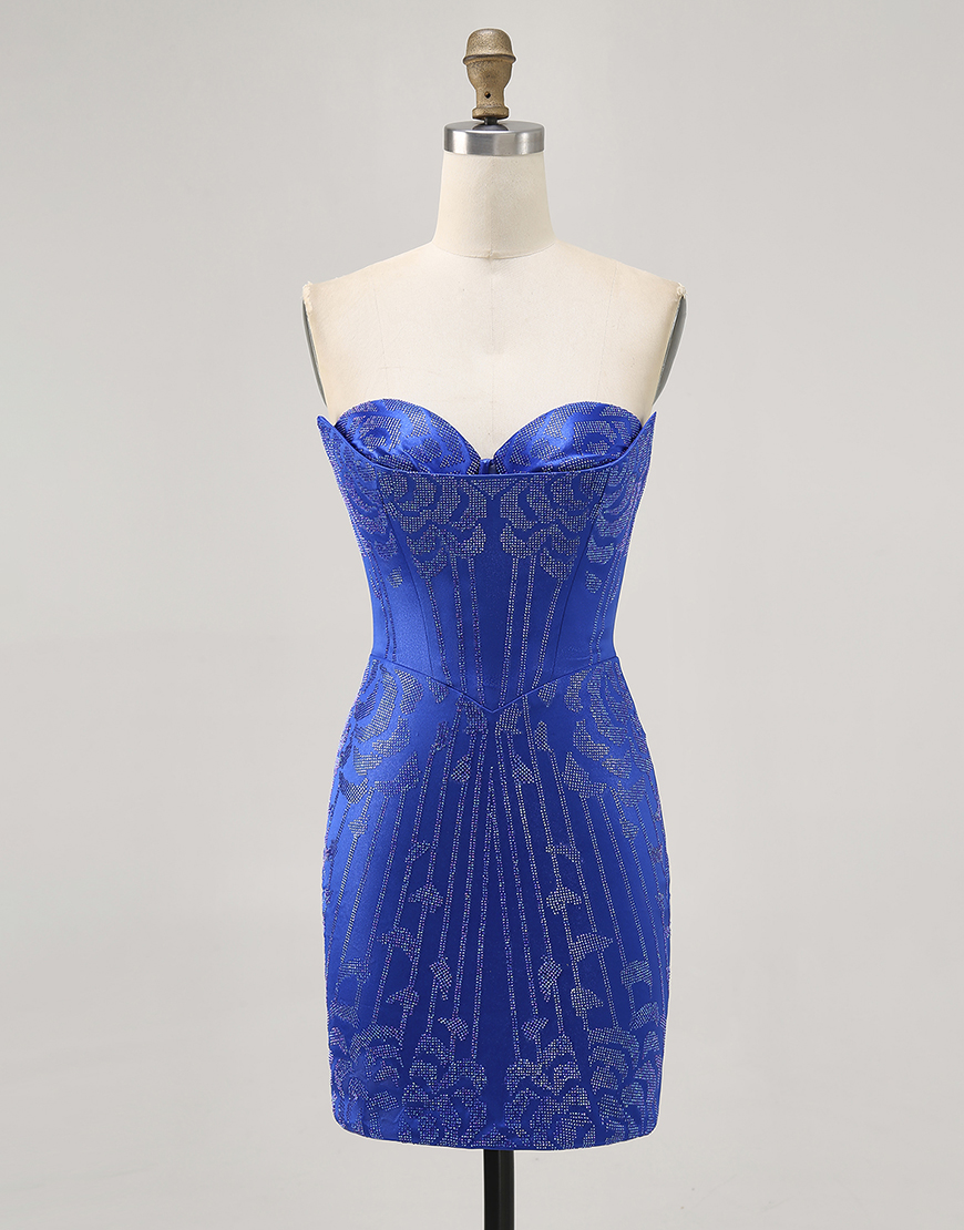 Sparkly Royal Blue Short Tight Satin Homecoming Dress with Beading