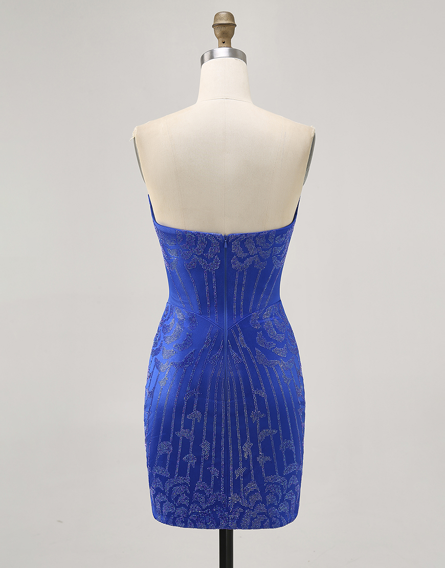 Sparkly Royal Blue Short Tight Satin Homecoming Dress with Beading