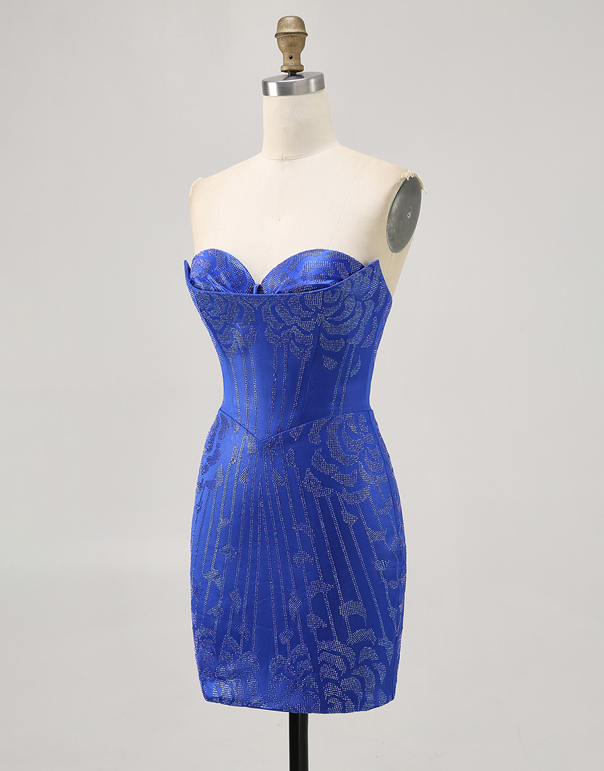 Sparkly Royal Blue Short Tight Satin Homecoming Dress with Beading