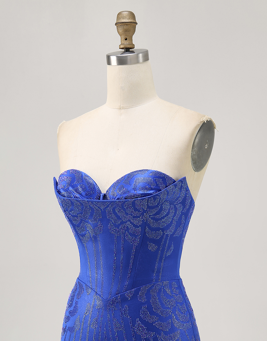 Sparkly Royal Blue Short Tight Satin Homecoming Dress with Beading