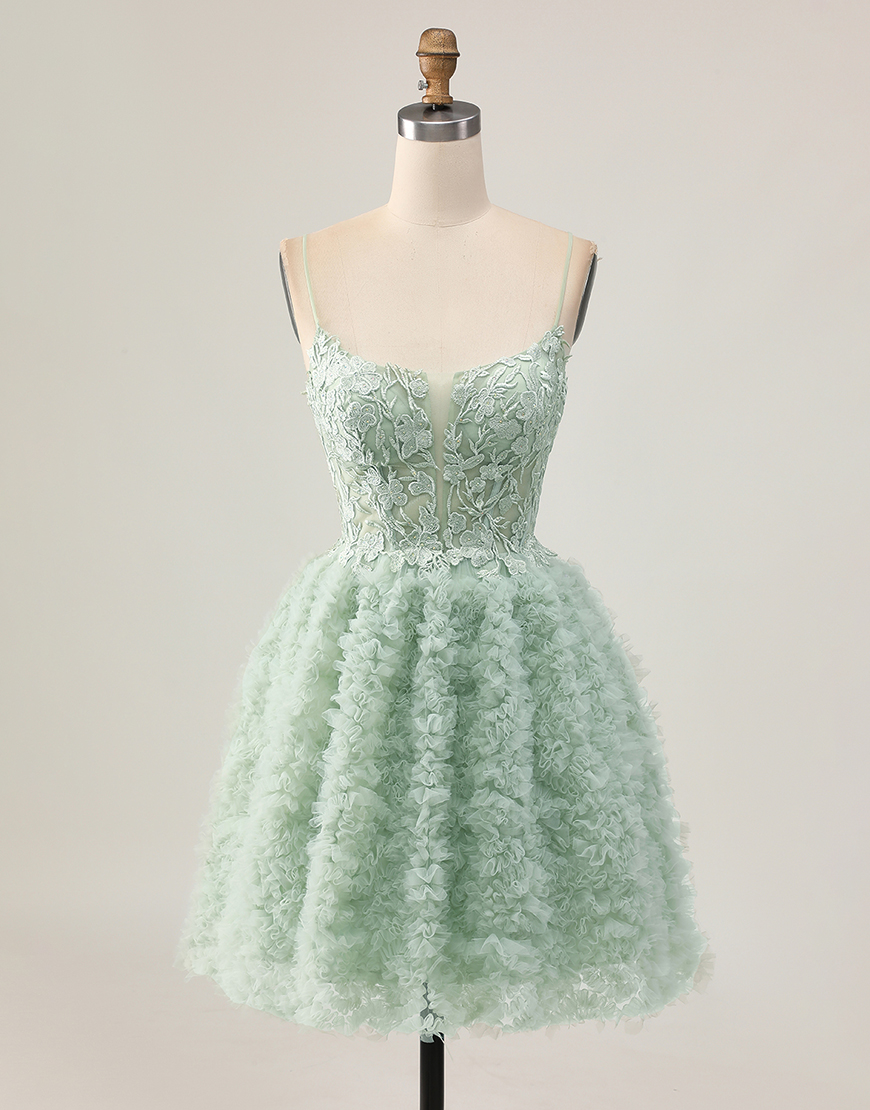 Sage Green A Line Ruffled Short Corset Homecoming Dress with Lace
