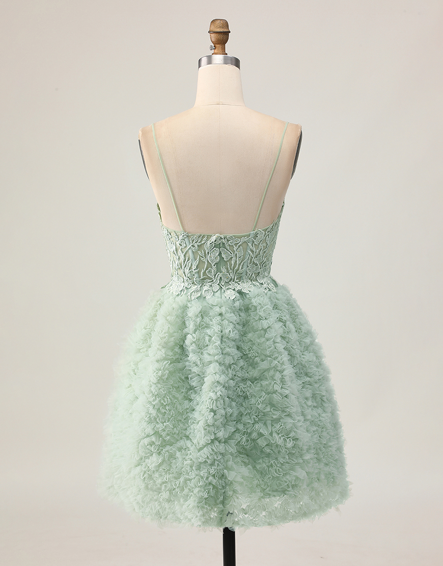 Sage Green A Line Ruffled Short Corset Homecoming Dress with Lace