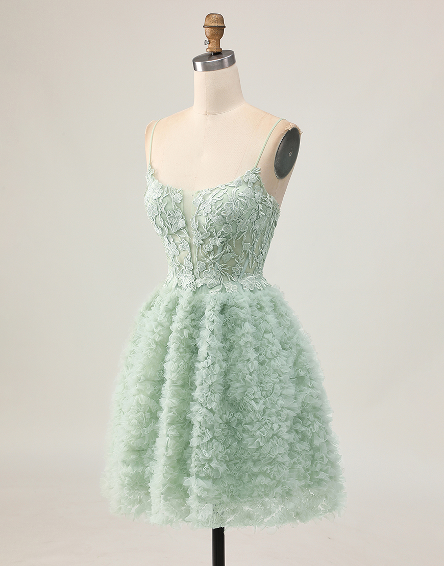Sage Green A Line Ruffled Short Corset Homecoming Dress with Lace