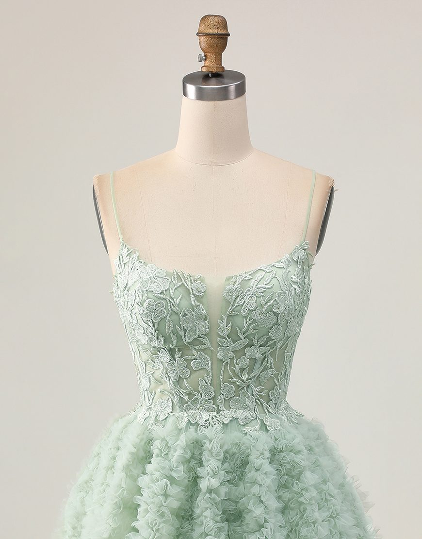 Sage Green A Line Ruffled Short Corset Homecoming Dress with Lace