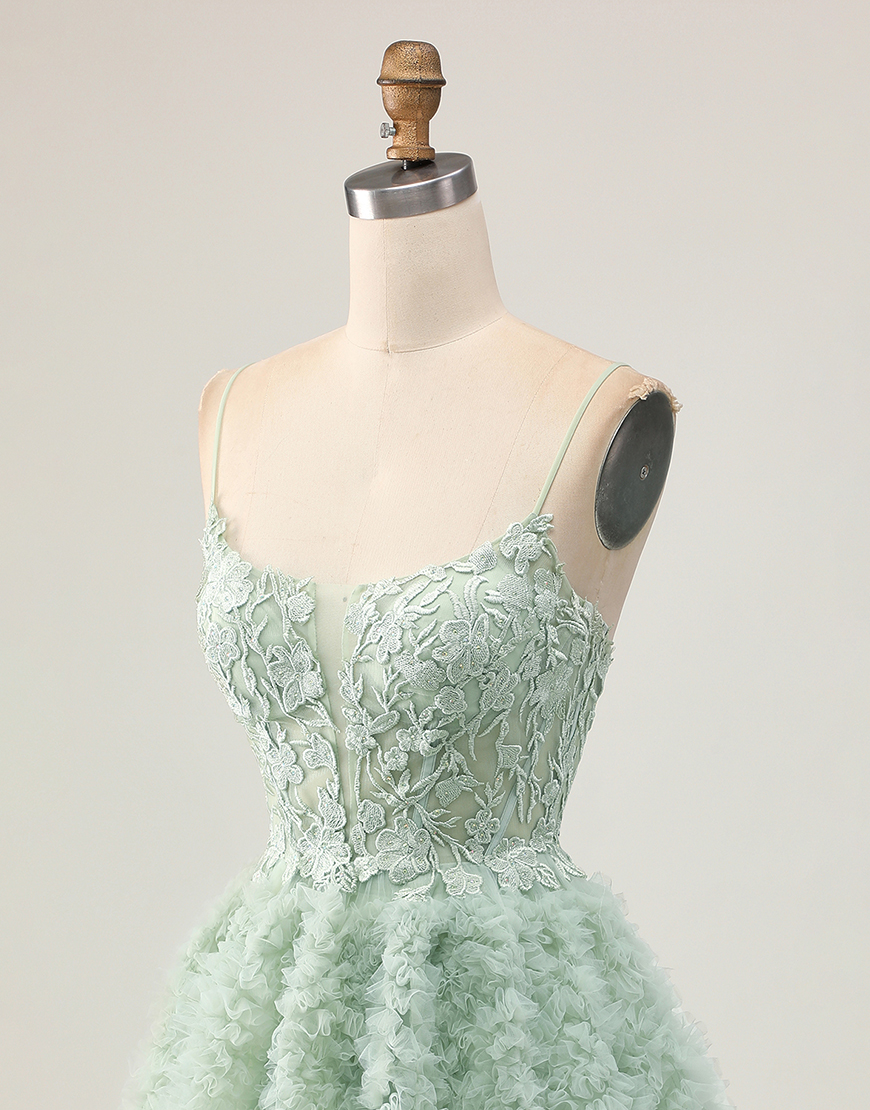 Sage Green A Line Ruffled Short Corset Homecoming Dress with Lace