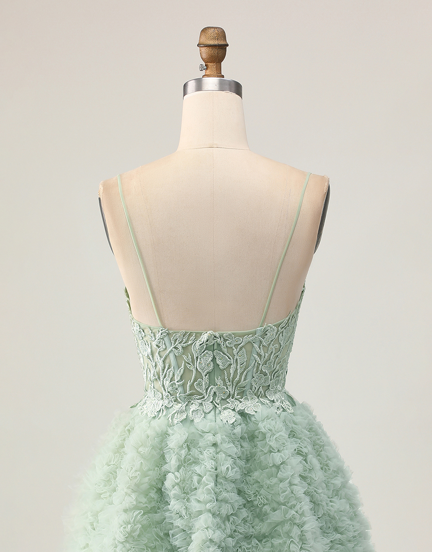 Sage Green A Line Ruffled Short Corset Homecoming Dress with Lace