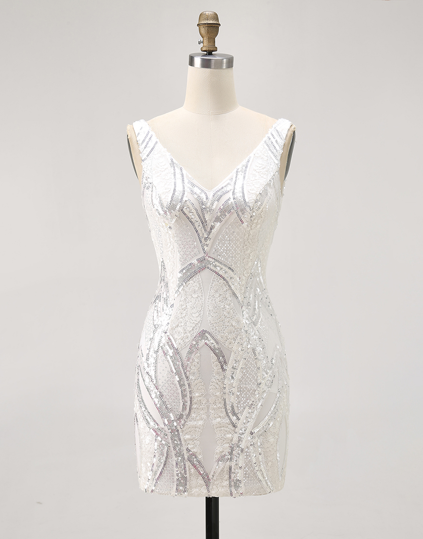 Sparkly White V-Neck Tight Short Homecoming Dress Sequins