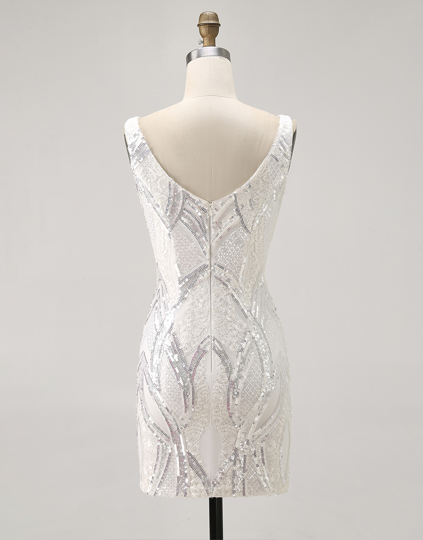 Sparkly White V-Neck Tight Short Homecoming Dress Sequins