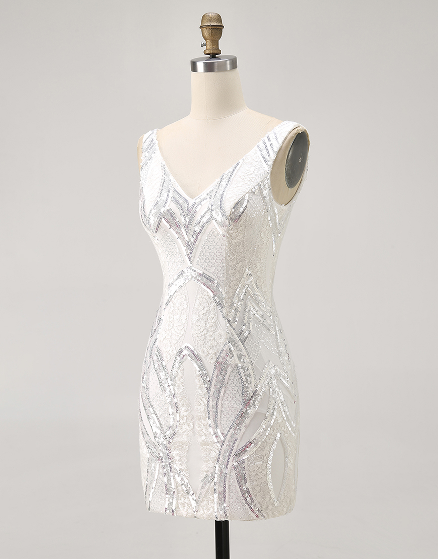 Sparkly White V-Neck Tight Short Homecoming Dress Sequins
