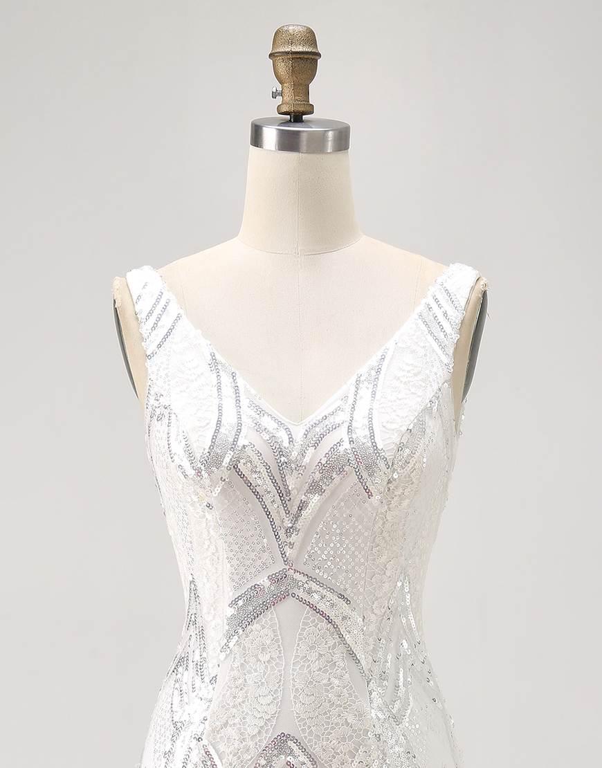 Sparkly White V-Neck Tight Short Homecoming Dress Sequins