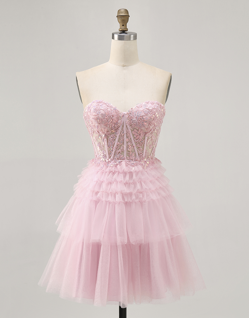 Sparkly Pink Short Corset Tulle Homecoming Dress with Lace