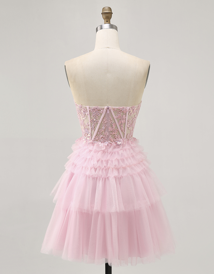 Sparkly Pink Short Corset Tulle Homecoming Dress with Lace