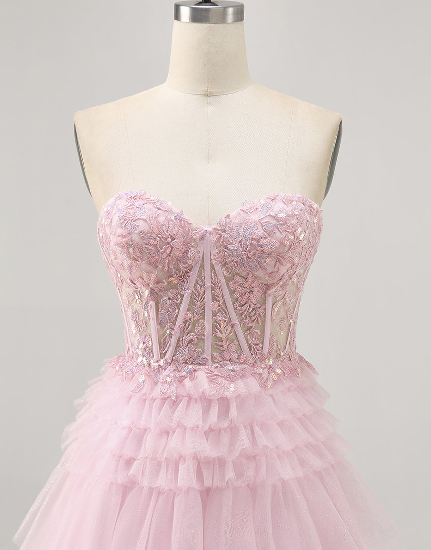 Sparkly Pink Short Corset Tulle Homecoming Dress with Lace