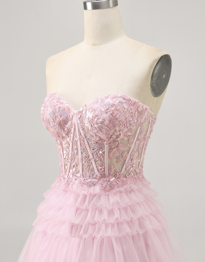 Sparkly Pink Short Corset Tulle Homecoming Dress with Lace