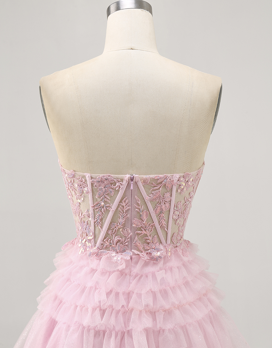 Sparkly Pink Short Corset Tulle Homecoming Dress with Lace