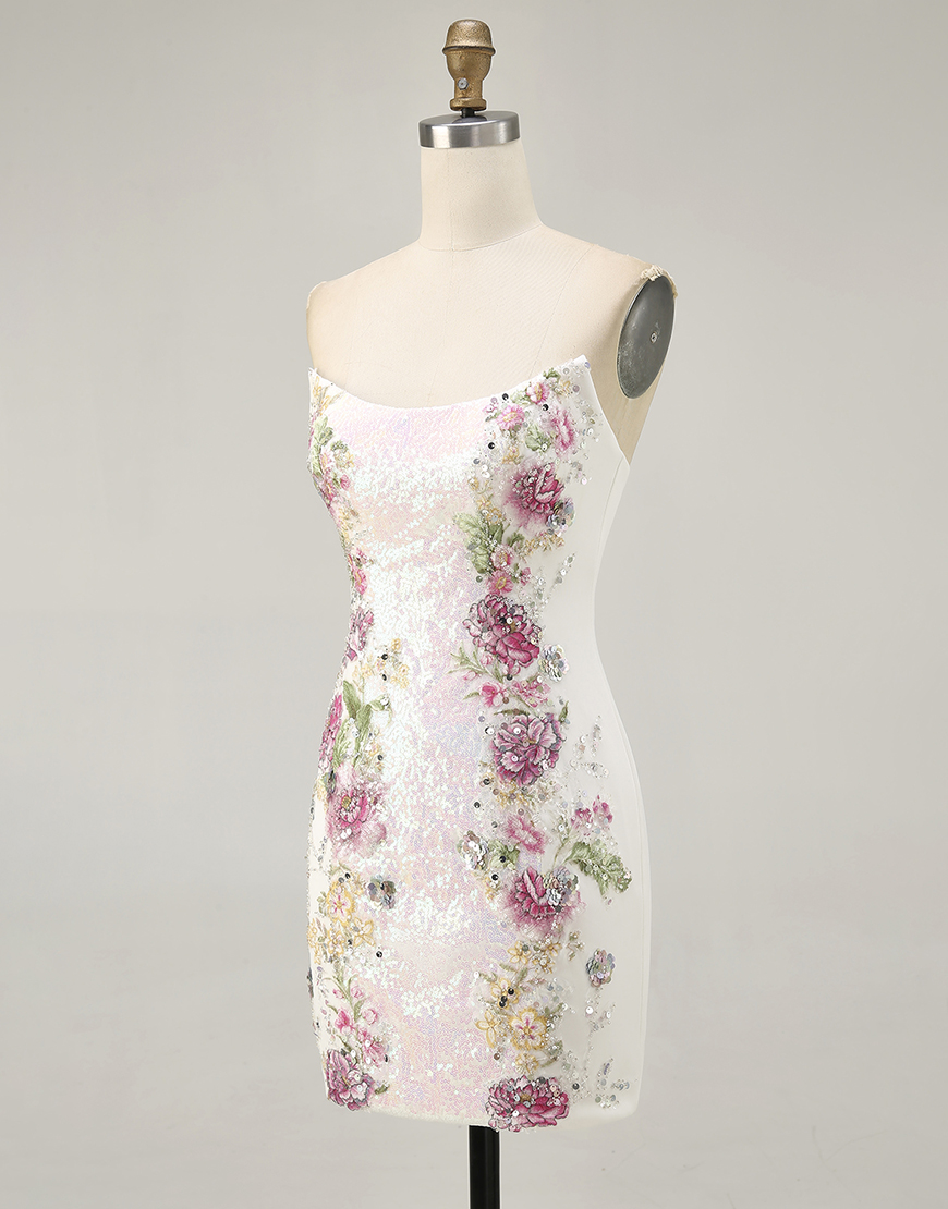 Sparkly White Floral Strapless Bodycon Homecoming Dress with Sequins