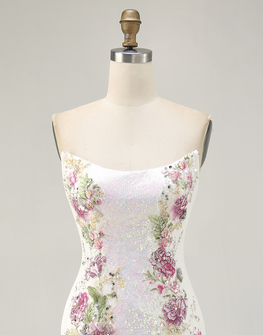 Sparkly White Floral Strapless Bodycon Homecoming Dress with Sequins