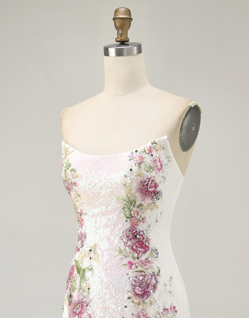 Sparkly White Floral Strapless Bodycon Homecoming Dress with Sequins