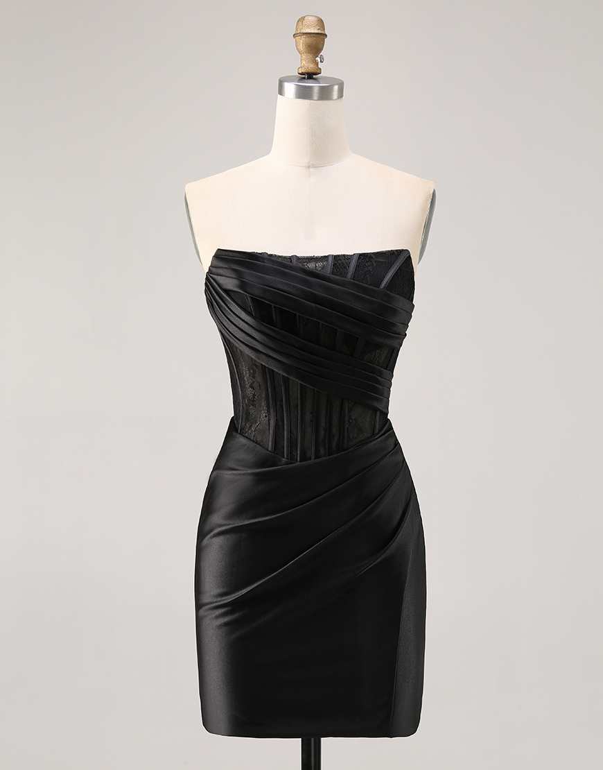 Black Corset Satin Short Tight Strapless Homecoming Dress