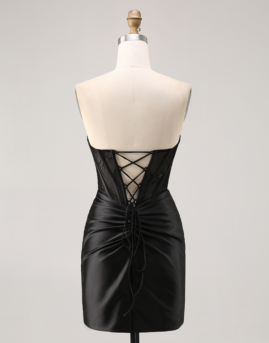 Black Corset Satin Short Tight Strapless Homecoming Dress