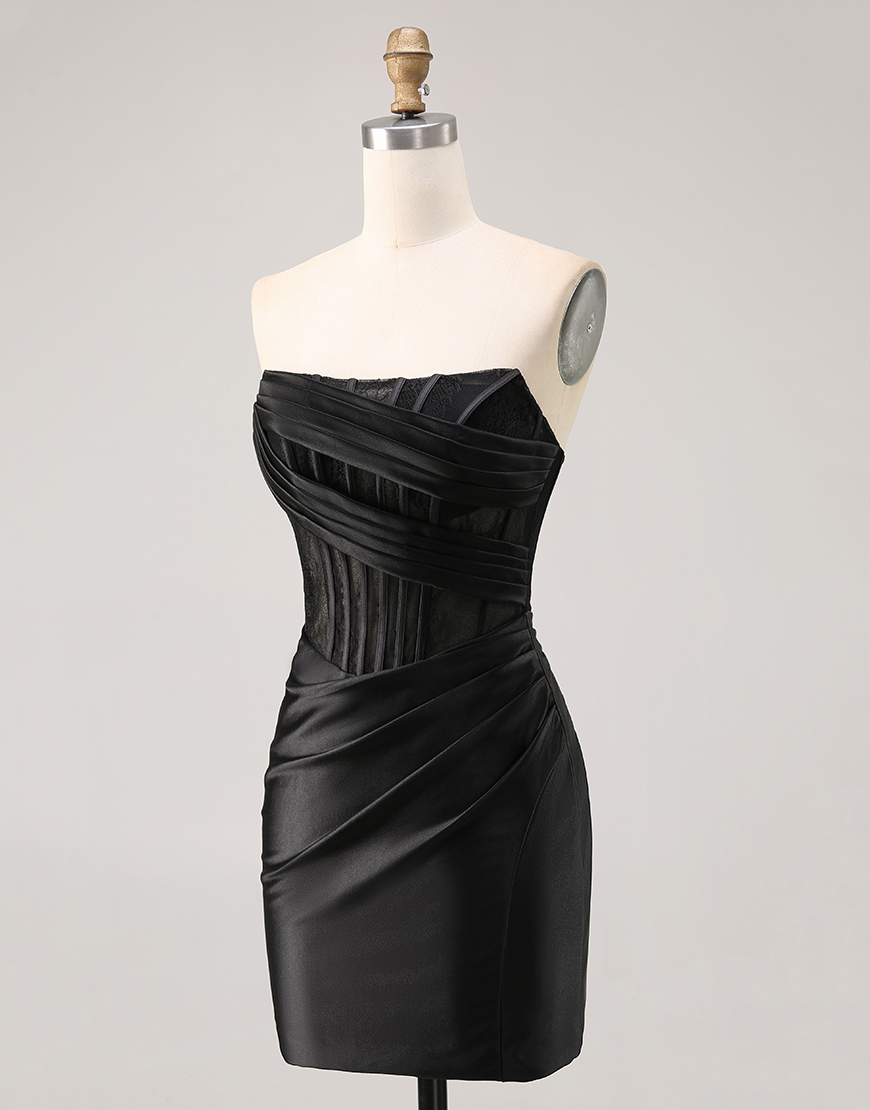 Black Corset Satin Short Tight Strapless Homecoming Dress