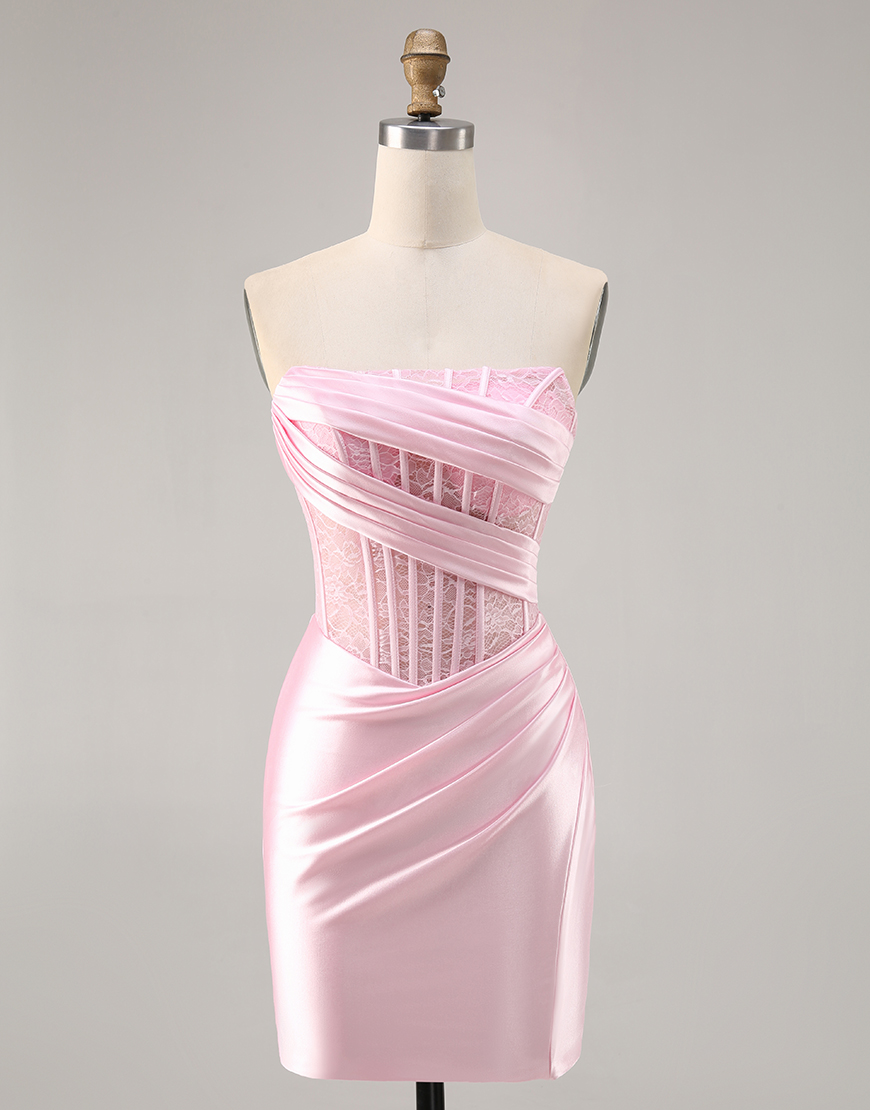 Pink Corset Satin Strapless Ruched Short Homecoming Dress