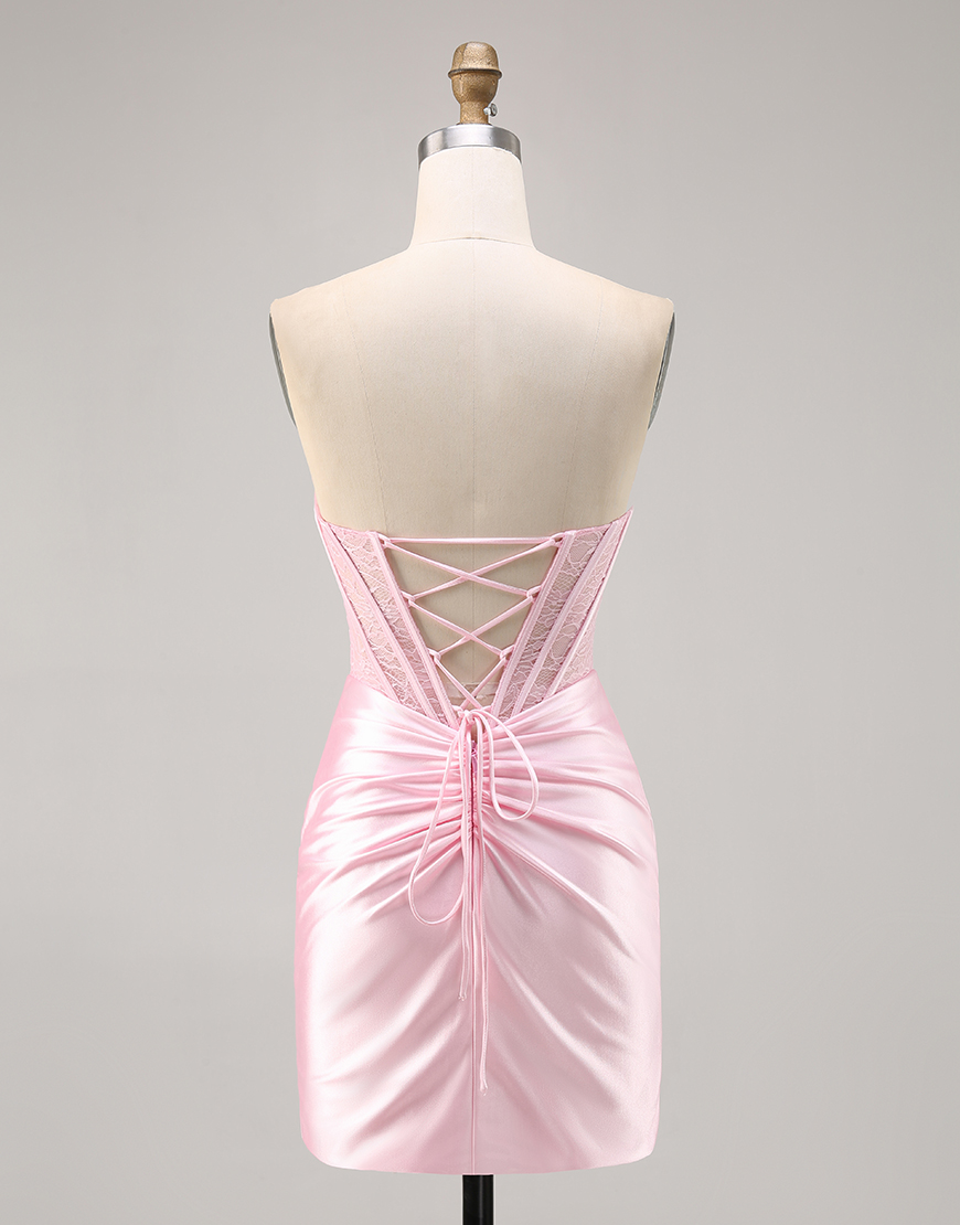 Pink Corset Satin Strapless Ruched Short Homecoming Dress