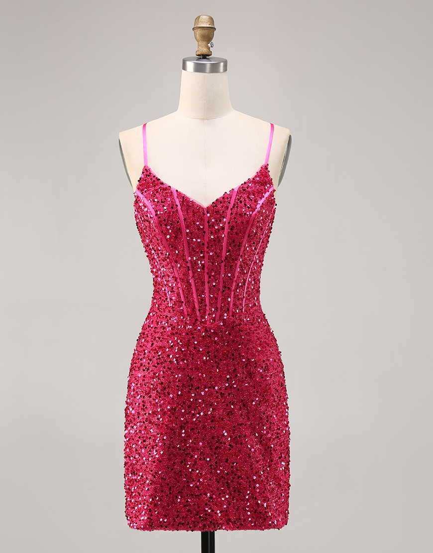 Sparkly Fuchsia Corset Short Sequins Tight Homecoming Dress
