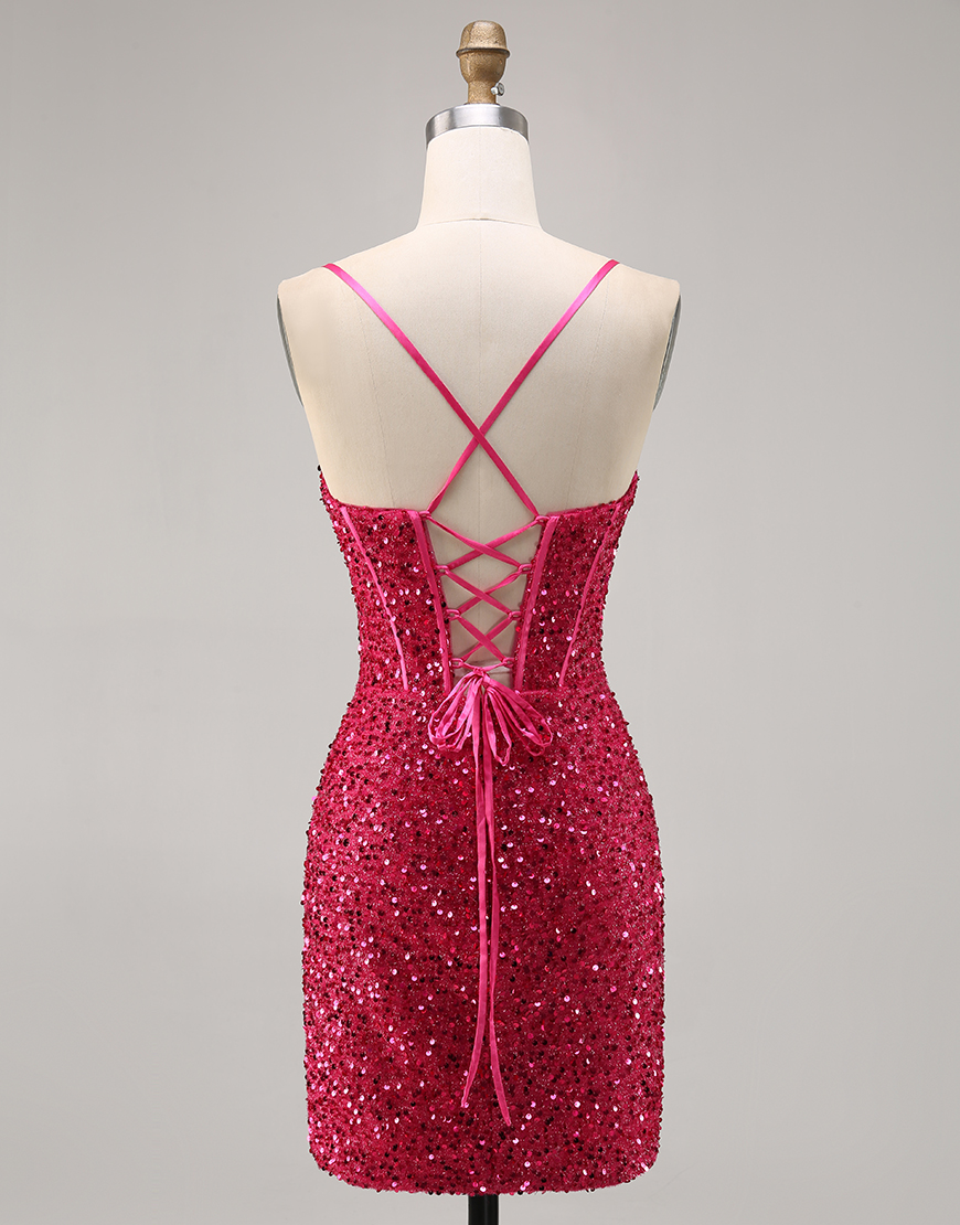 Sparkly Fuchsia Corset Short Sequins Tight Homecoming Dress