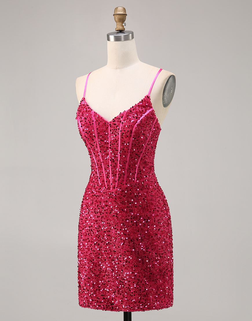 Sparkly Fuchsia Corset Short Sequins Tight Homecoming Dress