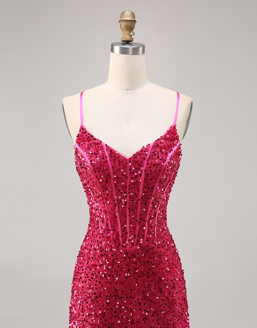 Sparkly Fuchsia Corset Short Sequins Tight Homecoming Dress