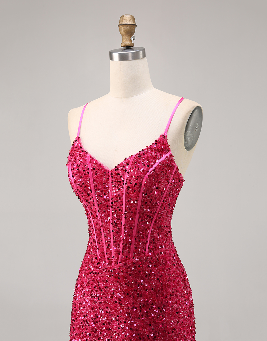Sparkly Fuchsia Corset Short Sequins Tight Homecoming Dress
