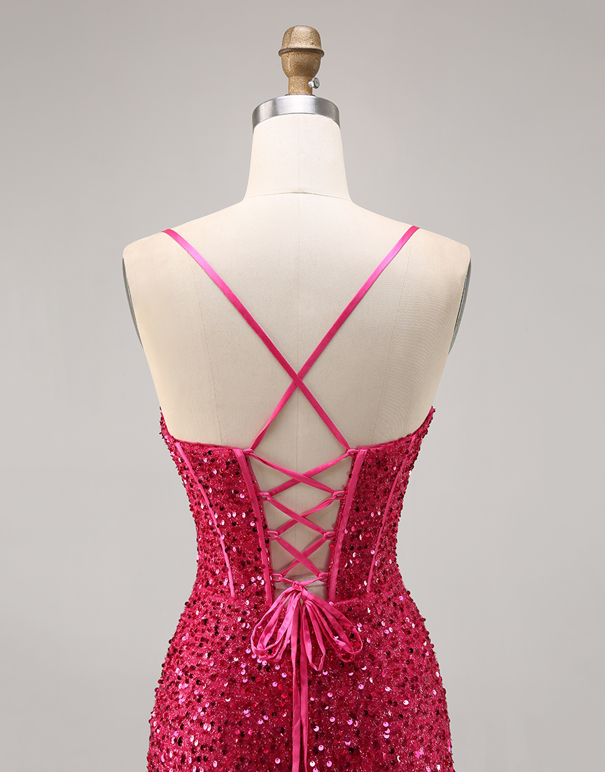 Sparkly Fuchsia Corset Short Sequins Tight Homecoming Dress