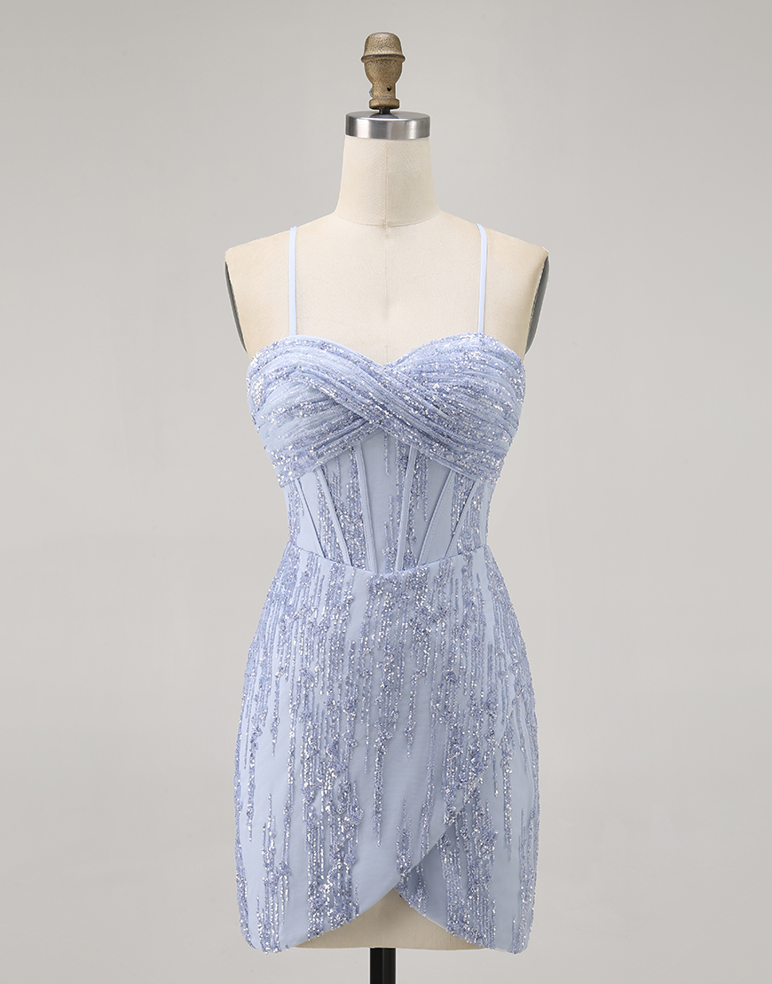 Sparkly Grey Blue Tight Corset Short Homecoming Dress with Sequins