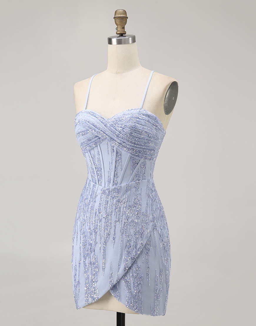 Sparkly Grey Blue Tight Corset Short Homecoming Dress with Sequins