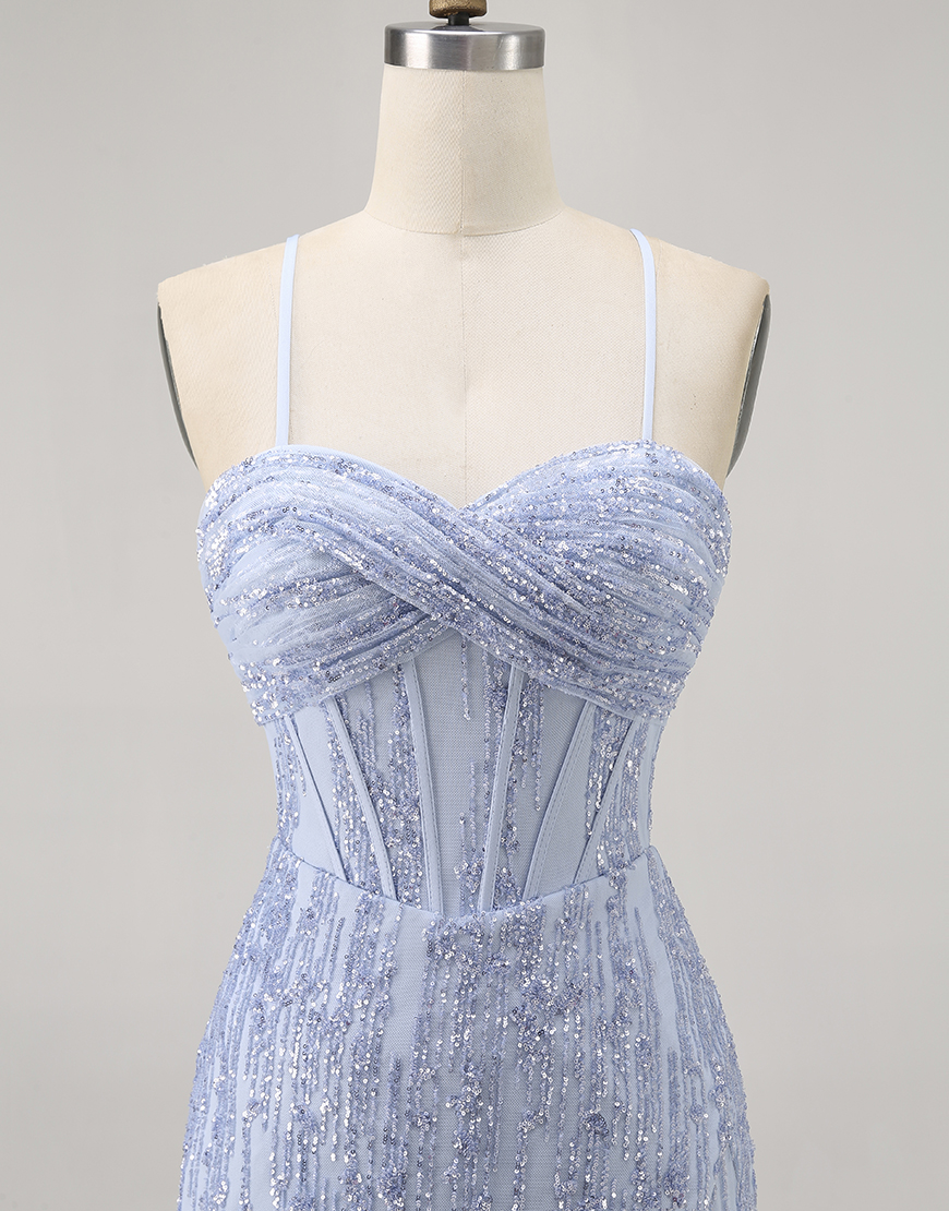 Sparkly Grey Blue Tight Corset Short Homecoming Dress with Sequins