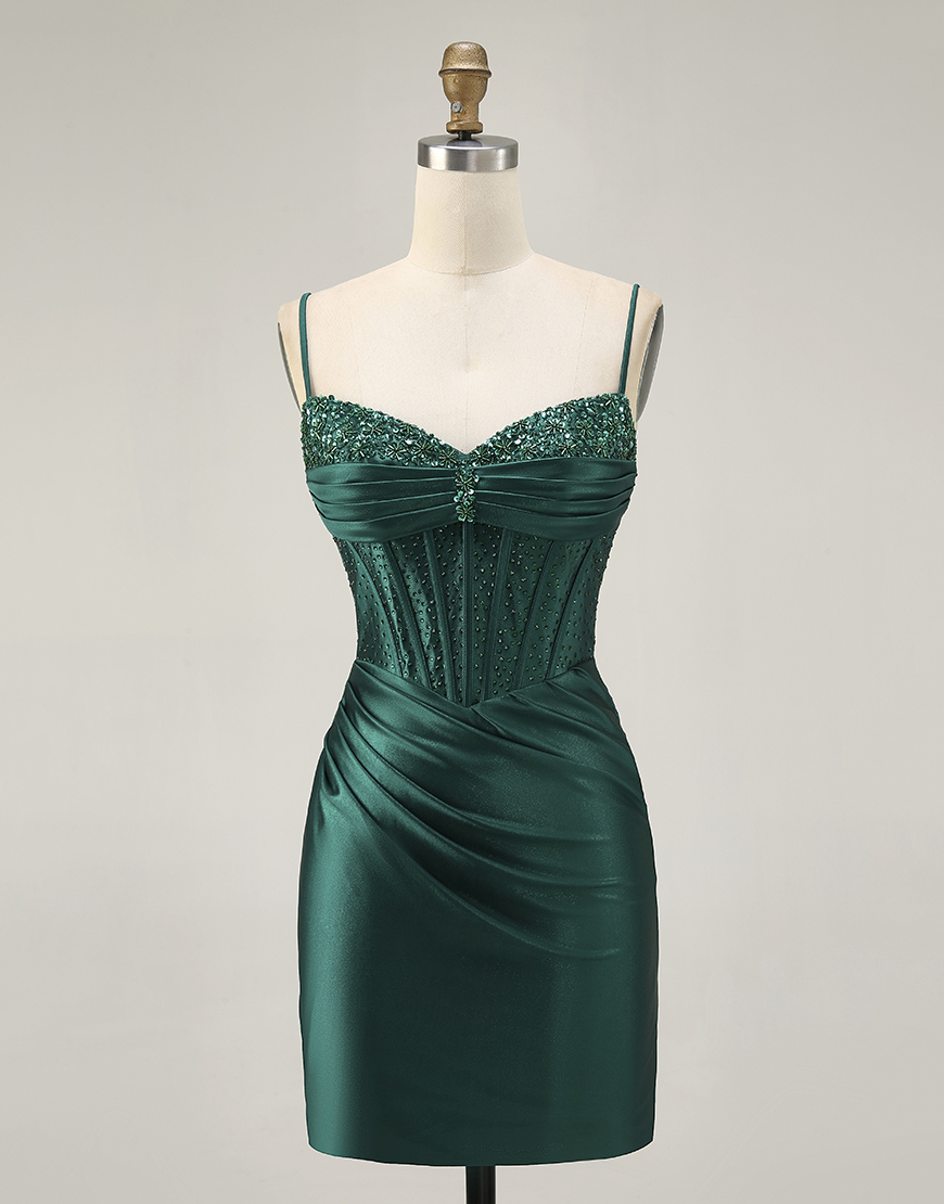 Sparkly Dark Green Tight Short Satin Corset Homecoming Dress with Beading