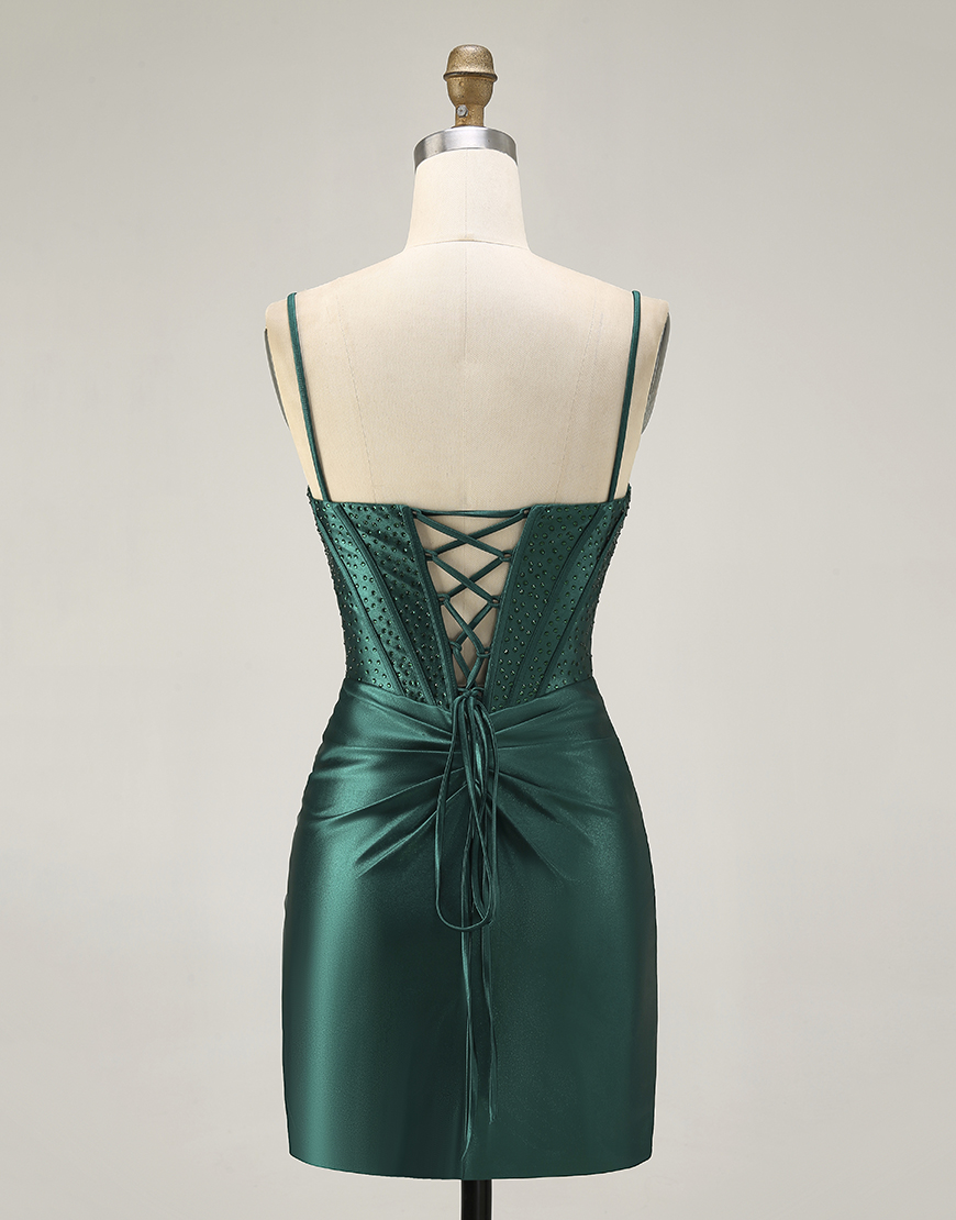 Sparkly Dark Green Tight Short Satin Corset Homecoming Dress with Beading