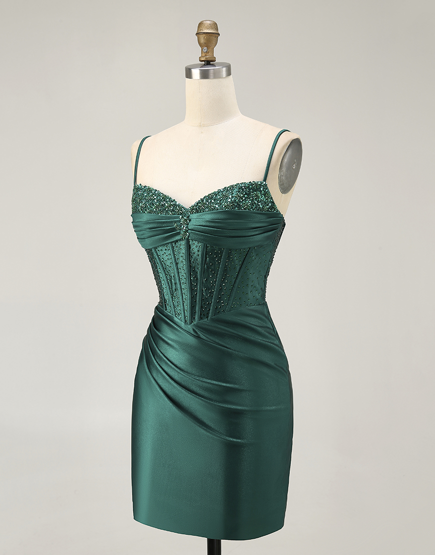 Sparkly Dark Green Tight Short Satin Corset Homecoming Dress with Beading